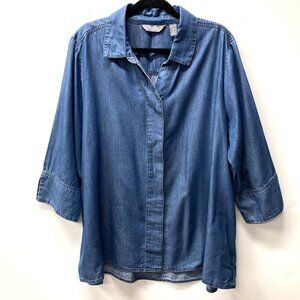 Martha Stewart Blue Denim Casual Shirt, Size XL, 3/4” Sleeve, Lyocell Cotton